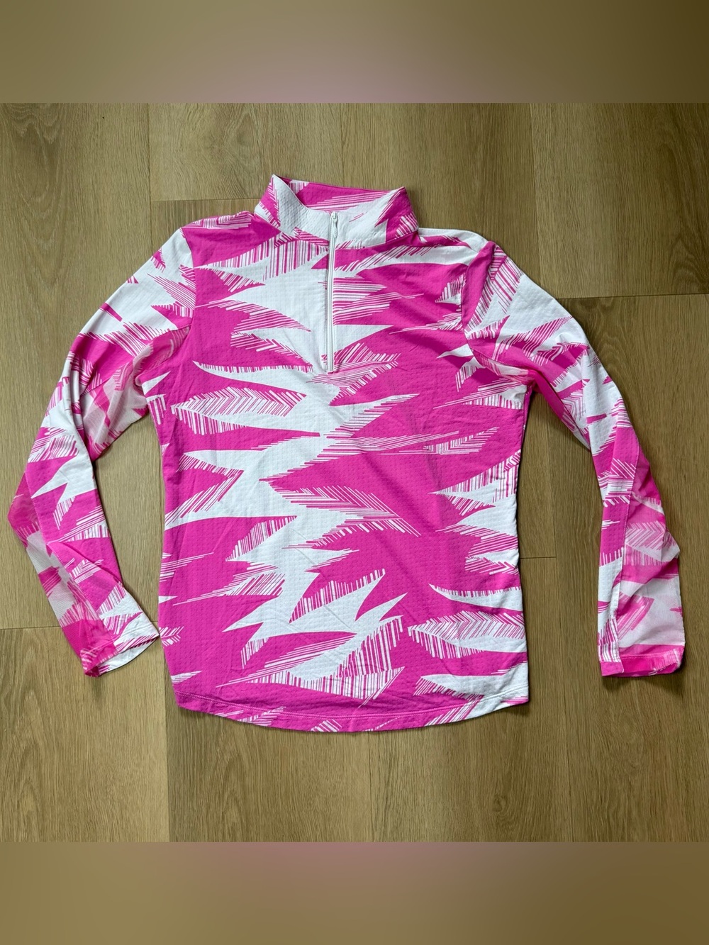 IBKUL Pink White Golf QuarterZip Mesh Sleeve Size Medium